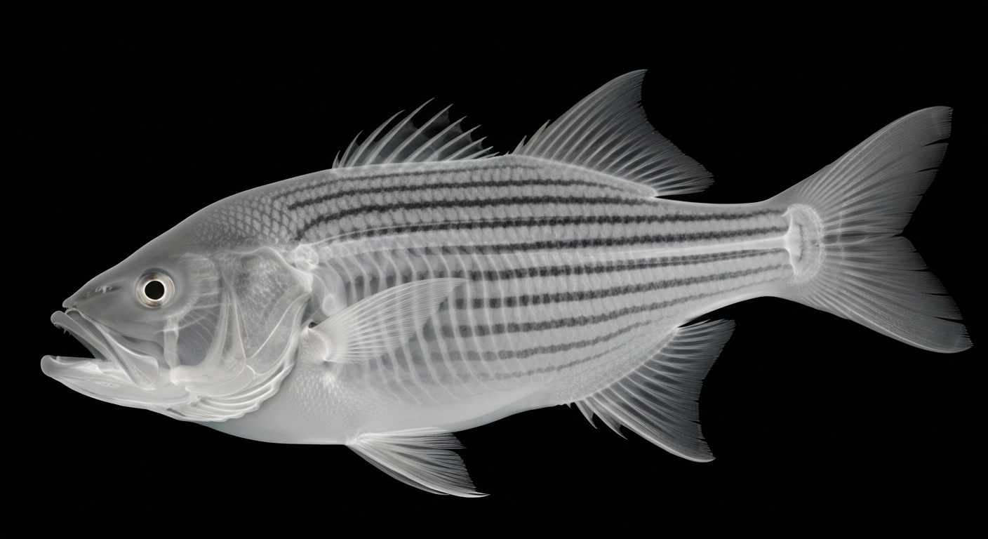 A translucent, ghostly X-ray image revealing the internal skeletal structure of a striped bass fish against a dark background, conceptually representing the improved water quality and safety of the Hudson River's fish.