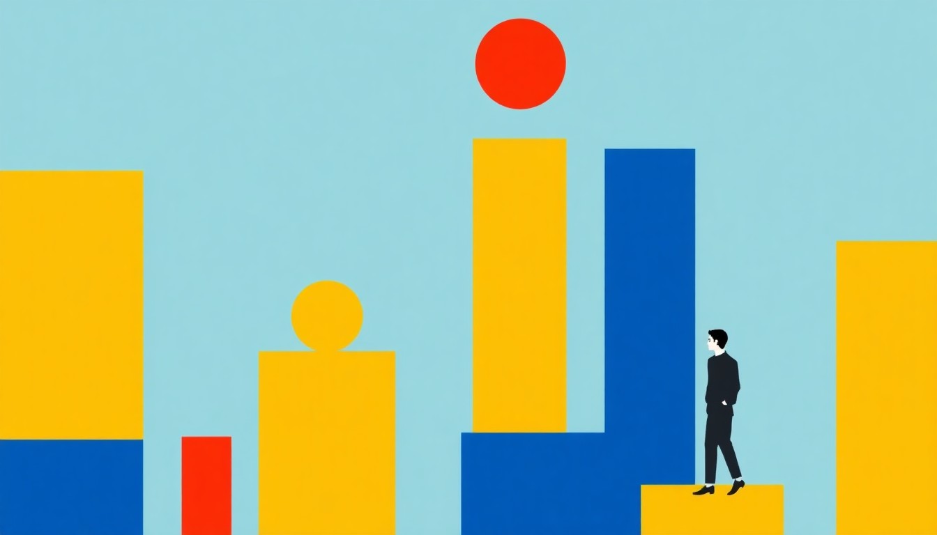 A minimalist, abstract illustration using bold geometric shapes and primary colors to conceptually represent the shifting dynamics of the US job market and the evolving expectations of new college graduates.