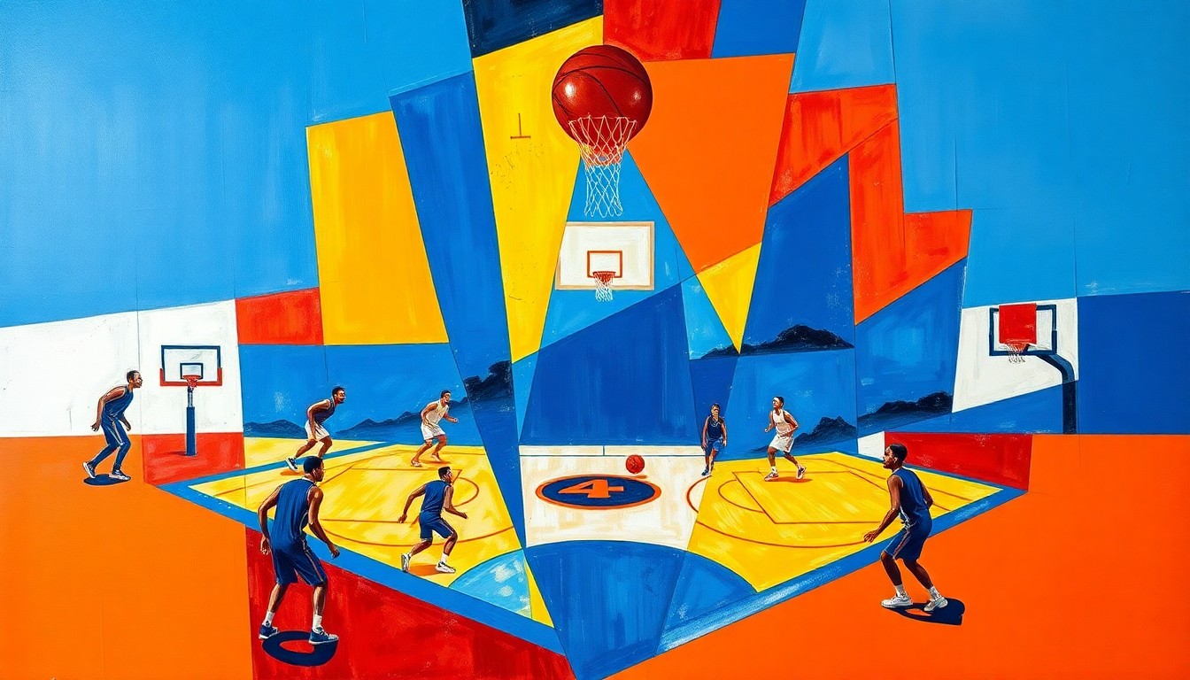 A fragmented, geometric painting in bold primary colors depicting the dynamic movements and physical competition of college basketball players fighting for position and control of the ball in the paint.