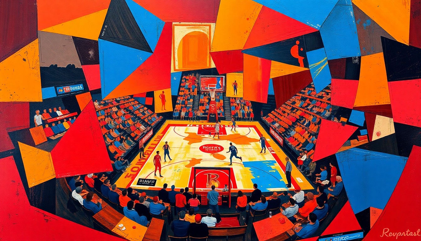 A cubist-style painting depicting a Rockets basketball game broken down into overlapping geometric shapes and planes of vibrant red, orange, and blue colors, capturing the team's improved offensive cohesion and flow.
