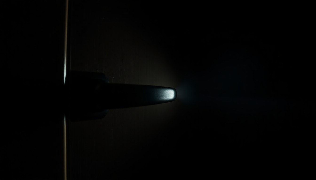 An extreme close-up photograph of a classroom door handle, lit by a harsh, direct camera flash against a pitch-black background, creating a stark, gritty, investigative aesthetic.