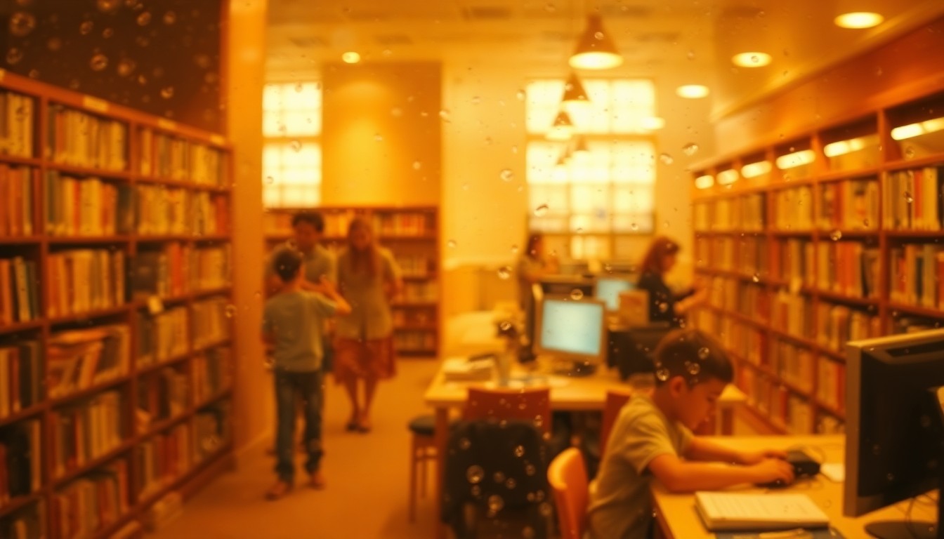 An abstract, impressionistic scene of blurred, warm-toned images of people using a library, conveying a sense of community and connection through a hazy, dreamlike visual style.