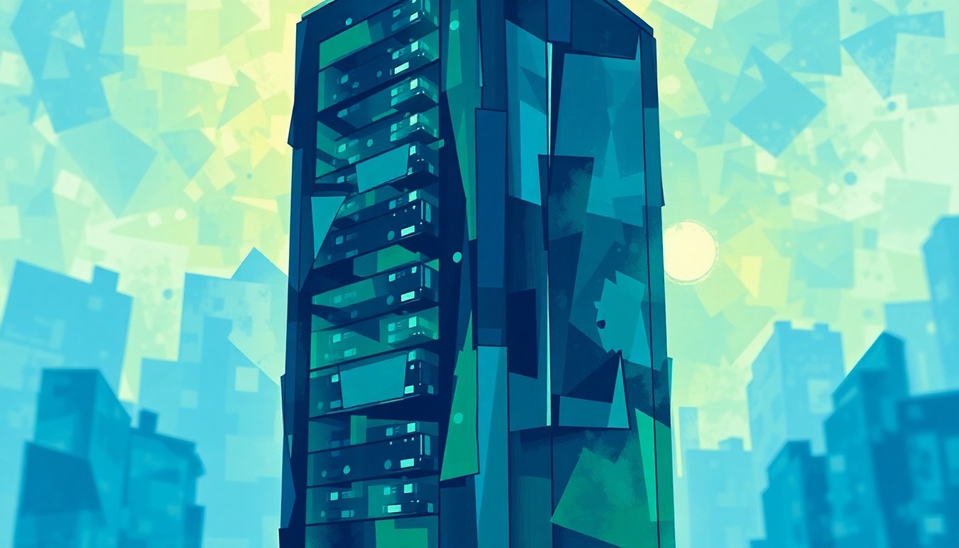 A dynamic, abstract painting featuring overlapping, fragmented shapes in shades of blue and green, conceptually representing the complex and contested nature of data privacy legislation.