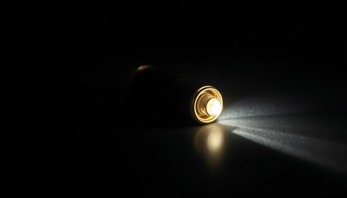 An extreme close-up photograph of a single spent bullet casing on a dark surface, capturing the stark, gritty details of the object in high contrast to convey the serious consequences of the crime.