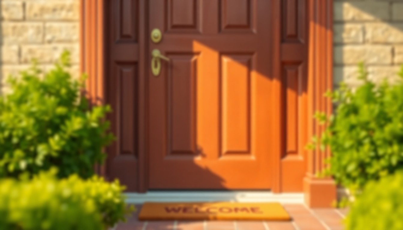 An abstract, soft-focus photograph of a freshly painted front door with a welcome mat, surrounded by blurred greenery, conceptually representing the transformation of a previously vacant home.