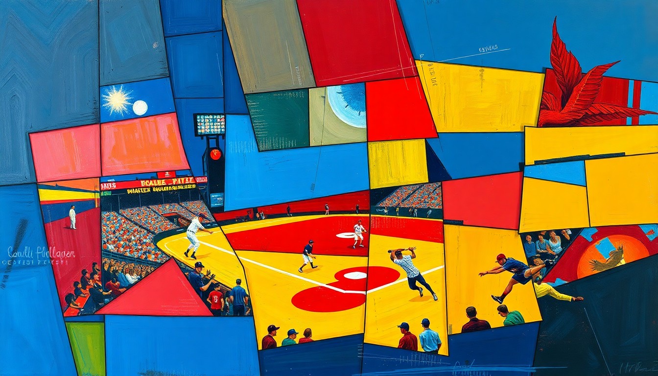 A fragmented, cubist-style painting depicting a baseball game or action, with sharp geometric planes in vibrant colors like navy, crimson, and gold, conceptually representing the arrival of the next generation of MLB stars.