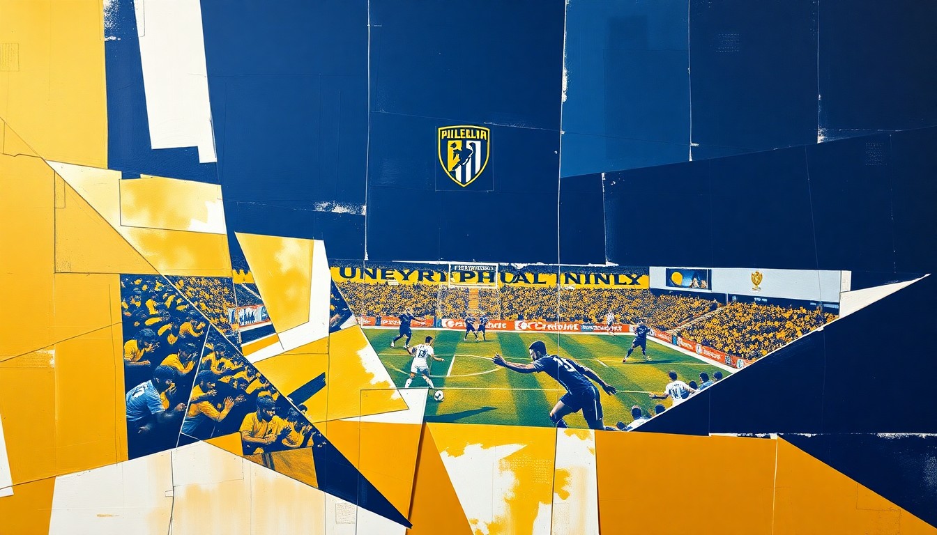 A cubist, geometric painting depicting a Philadelphia Union soccer match, with the players and field broken down into overlapping planes of navy blue, gold, and white.
