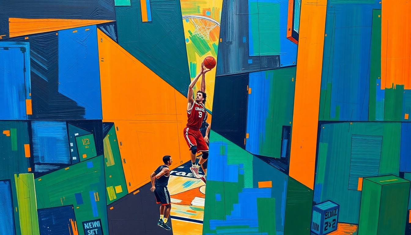 A cubist-style painting depicting fragmented, overlapping geometric shapes in bright blue, orange, and green hues, representing the dynamic action and unpredictable outcomes of a college basketball tournament game.