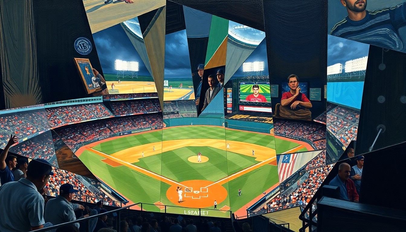 A cubist-style painting featuring sharp, overlapping geometric shapes and planes in shades of blue, green, and orange, conceptually representing the dynamic action and competitive spirit of a baseball game.