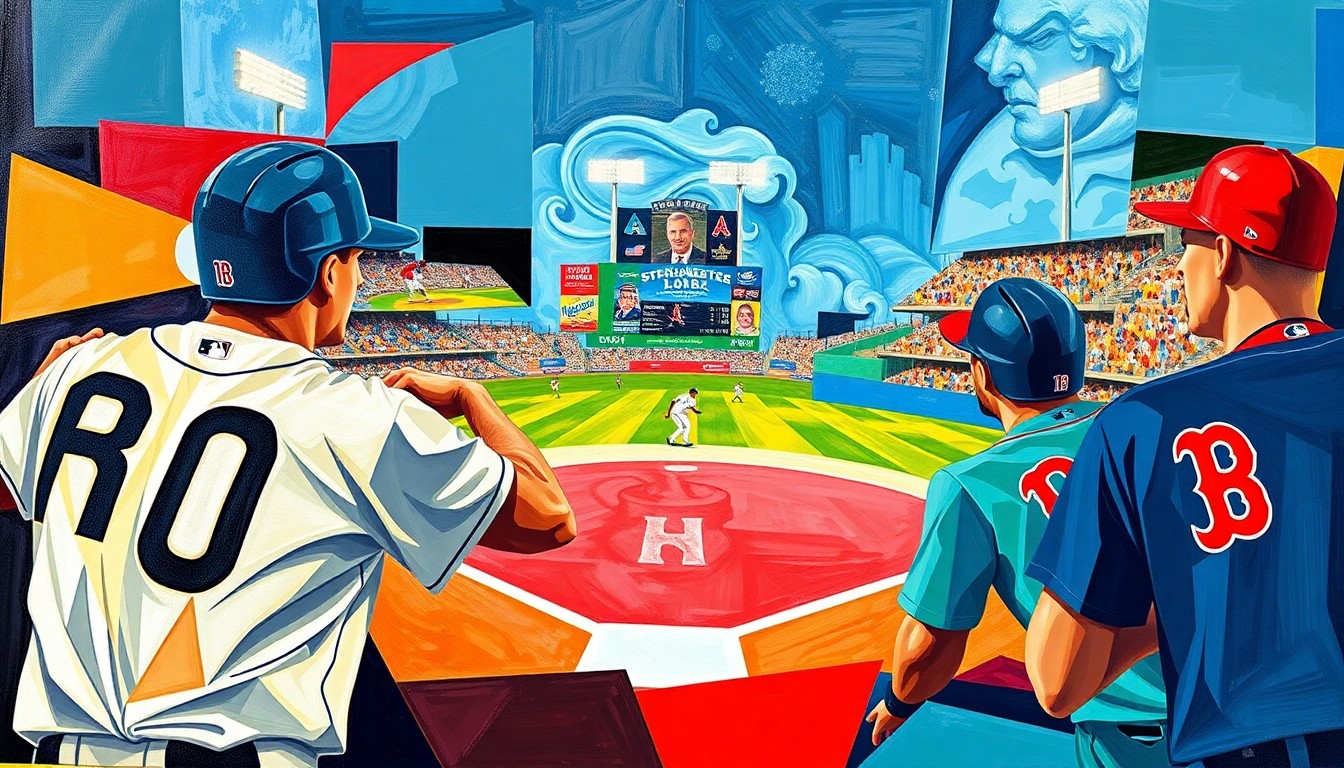 A fractured, geometric painting depicting a baseball game, with the sharp planes and vibrant colors of the Padres and Red Sox uniforms, conceptually representing the team's search for answers amid their early-season struggles.