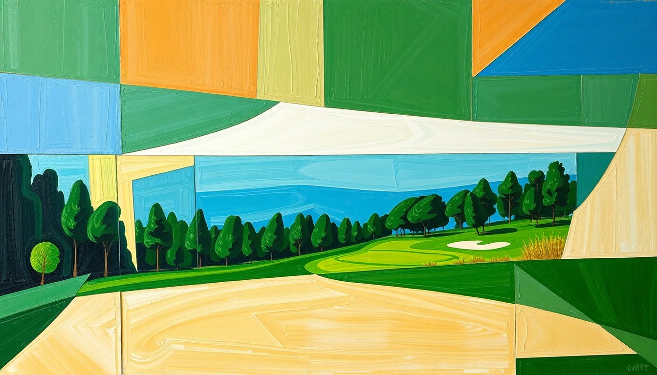 A cubist, geometric painting depicting a fragmented golf course scene with overlapping planes of color, conceptually representing the complex issues surrounding Tiger Woods' health and career.