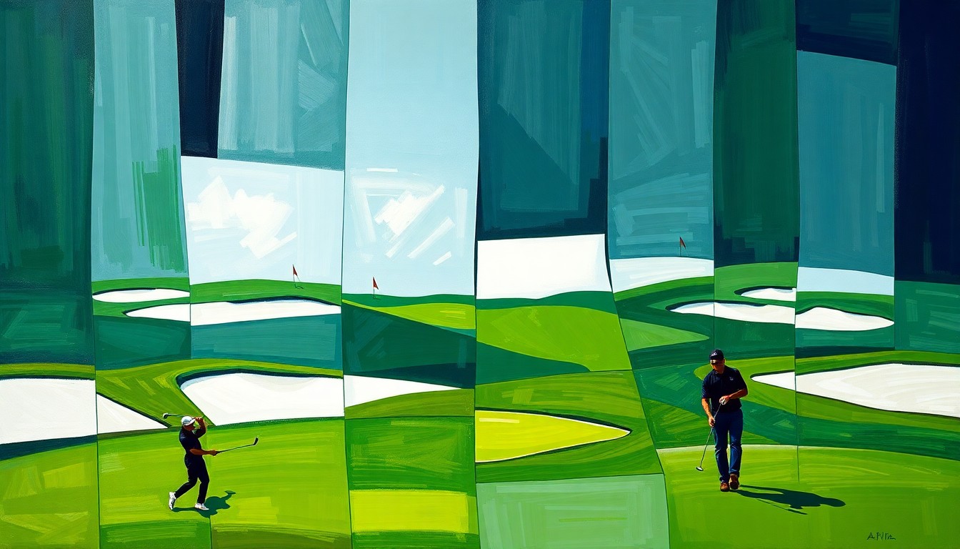A fragmented, multi-angled painting depicting a PGA Tour golf tournament, with the course and players broken down into sharp, overlapping geometric forms in a cubist style.
