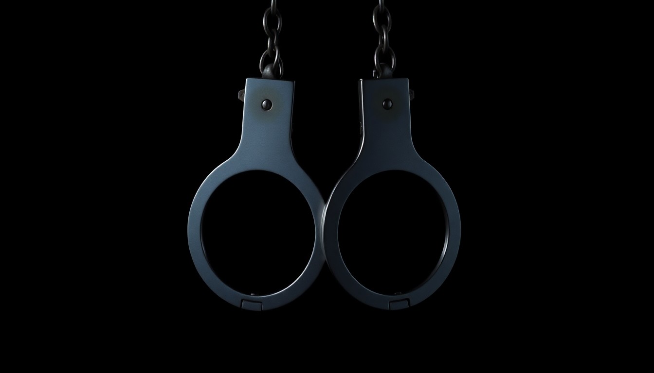 An extreme close-up of a pair of handcuffs against a stark black background, conceptually representing the injustice of wrongful imprisonment.