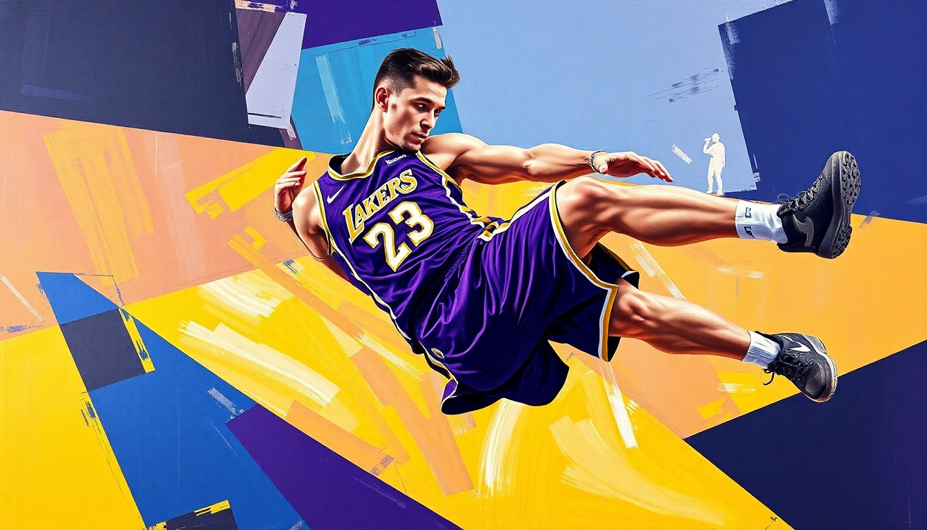 A cubist, geometric painting depicting Luka Doncic's spin move and hamstring injury, with sharp, overlapping planes in the Lakers' purple and gold colors representing the dynamic action and concern over his health.