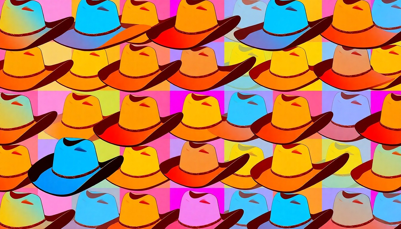 A vibrant, high-contrast silkscreen print featuring a repeated pattern of a classic rodeo cowboy hat in bold, neon-inspired colors, conceptually representing the Houston Rodeo's milestone anniversary celebration.