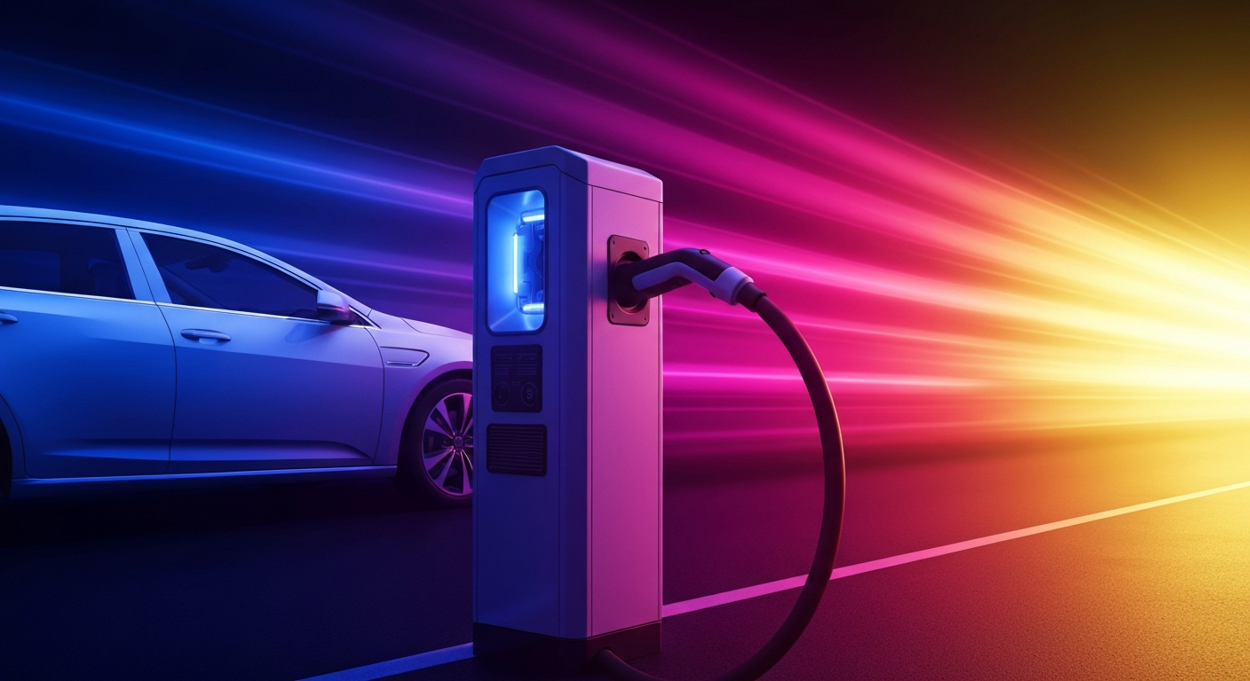 An abstract, colorful blur of motion representing the speed and energy of electric vehicles charging at a new Midwest charging station.