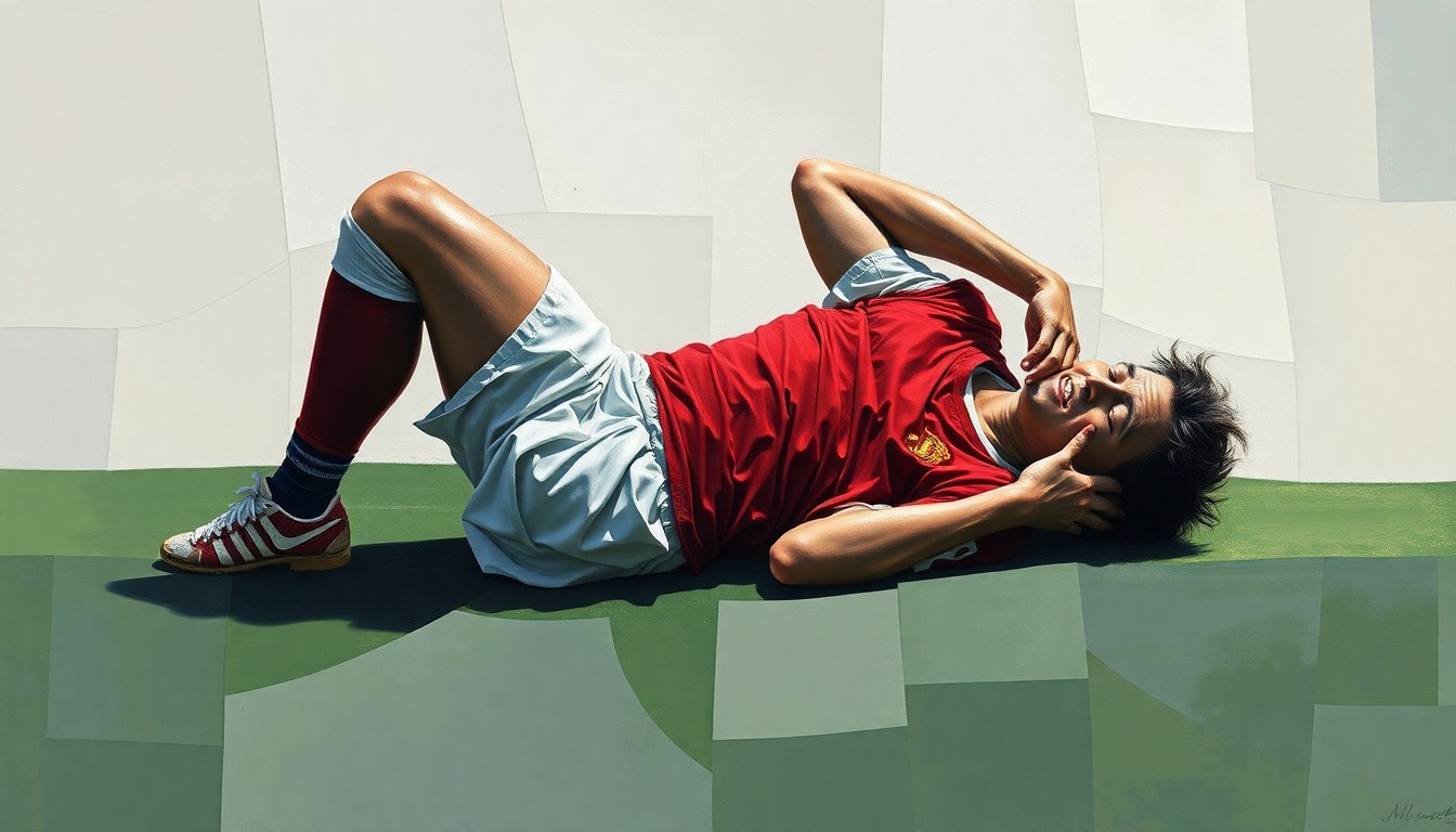 A fragmented, geometric painting showing a soccer player collapsing on the field, with sharp, overlapping planes of color and form representing the physical toll of extreme heat on athletes.
