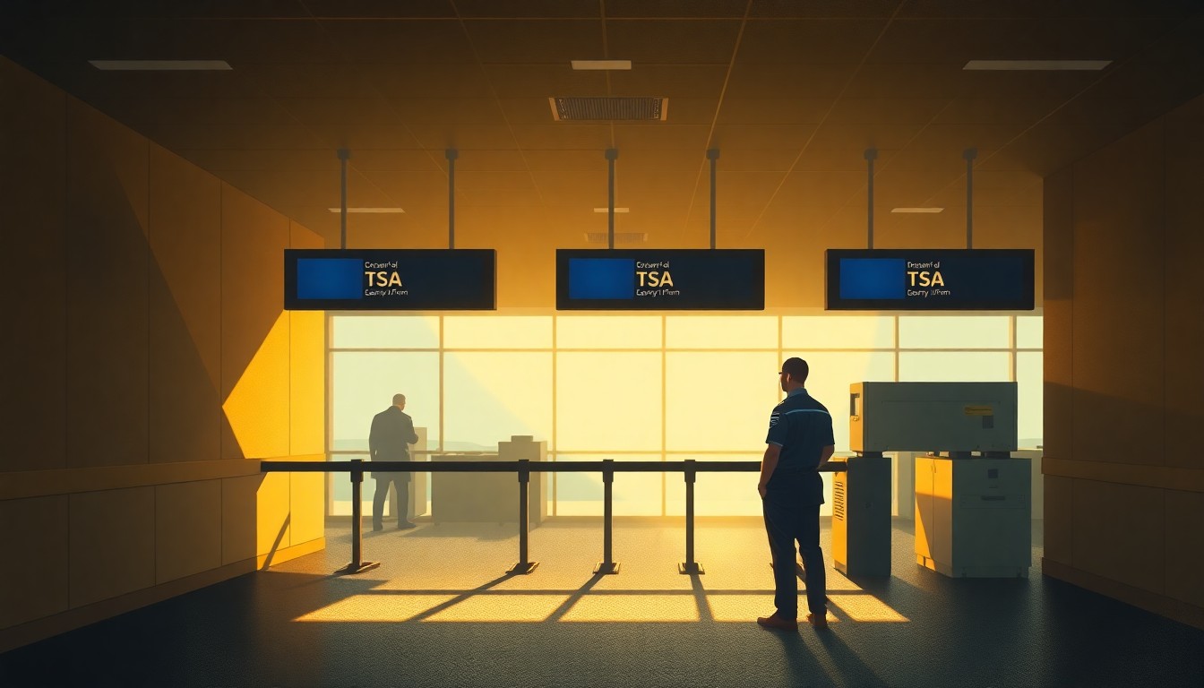 A solitary TSA agent stands at an airport security checkpoint, the scene bathed in warm, cinematic lighting that casts deep shadows, evoking a sense of quiet contemplation over the balance between security and efficiency.