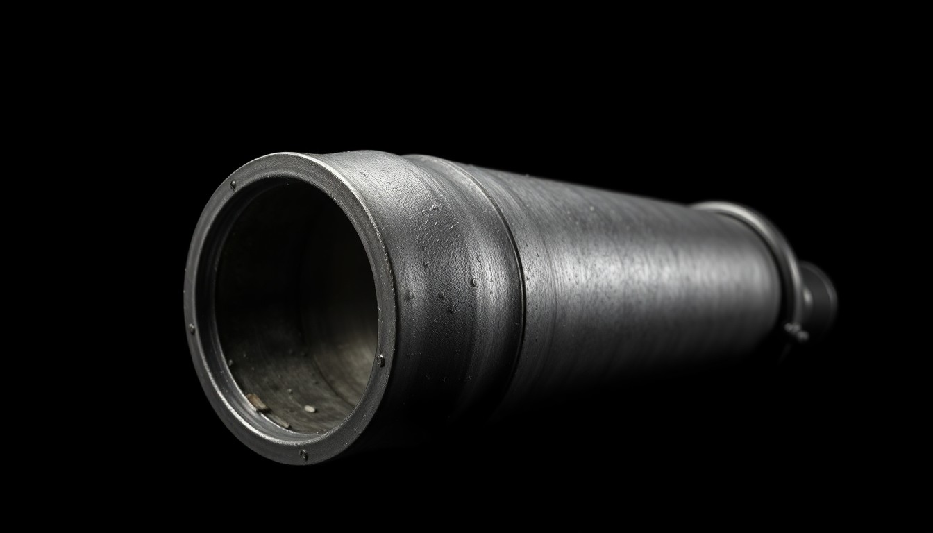 An extreme close-up photograph of a catalytic converter's textured metal surface and intricate internal components, dramatically lit by a harsh camera flash against a pitch-black background, conveying a stark, gritty investigative aesthetic.