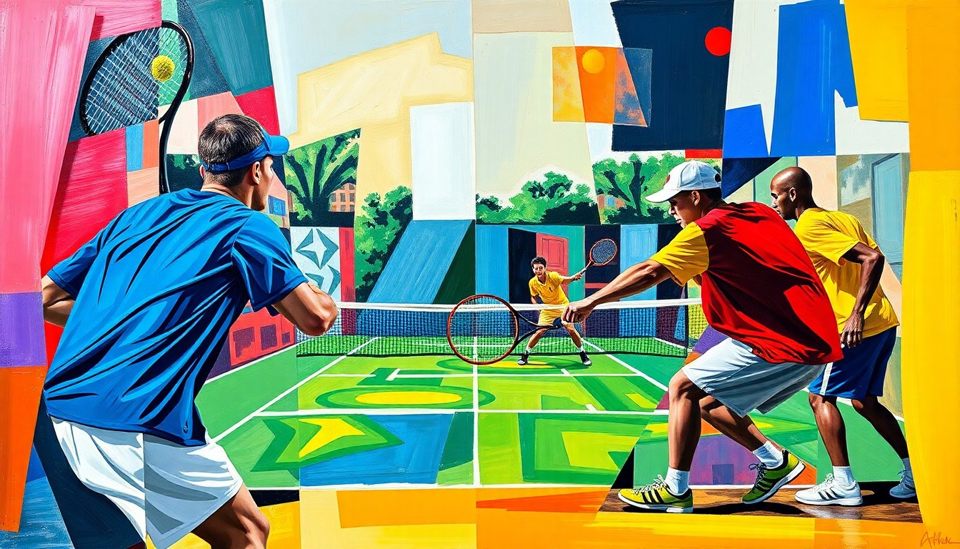 A fragmented, geometric painting depicting a tennis match, with the players and court broken down into sharp, overlapping planes of color representing the uniforms of the Thomasville Bulldogs and TCC Yellow Jackets.
