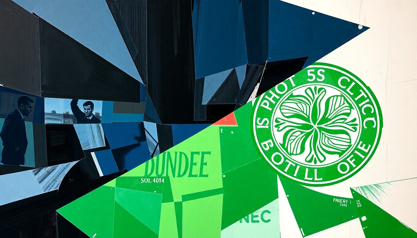 A fragmented, geometric painting depicting a Scottish Premiership football match between Dundee and Celtic, using the teams' official colors to represent the dynamic action on the pitch.