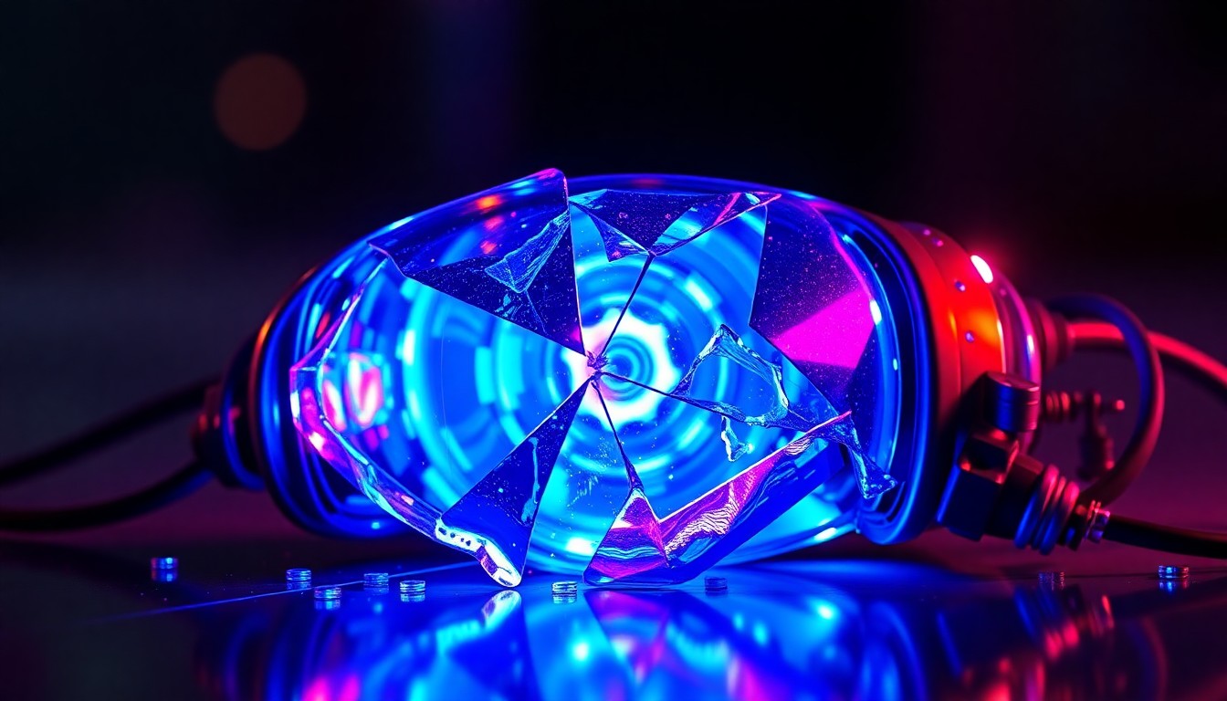 A highly detailed, glowing 3D macro illustration of a damaged Waymo autonomous vehicle sensor array, with neon cyan and magenta lights illuminating the fractured glass and twisted metal, conceptually illustrating the vandalism of self-driving cars.