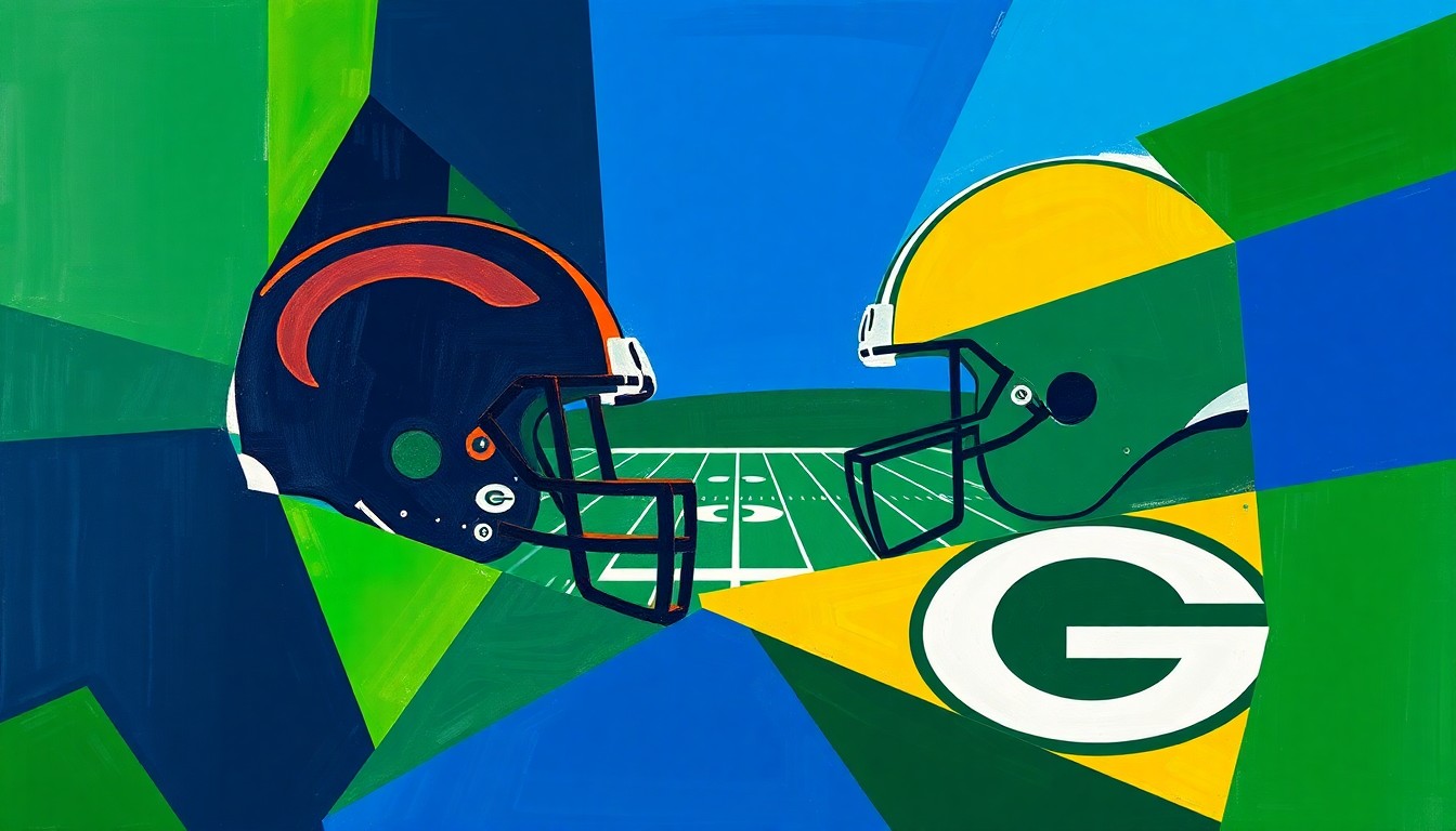 A fractured, cubist-style painting depicting a football game between the Chicago Bears and Green Bay Packers, with the players and field broken down into sharp, overlapping geometric shapes in a vibrant color palette of navy, green, and gold.