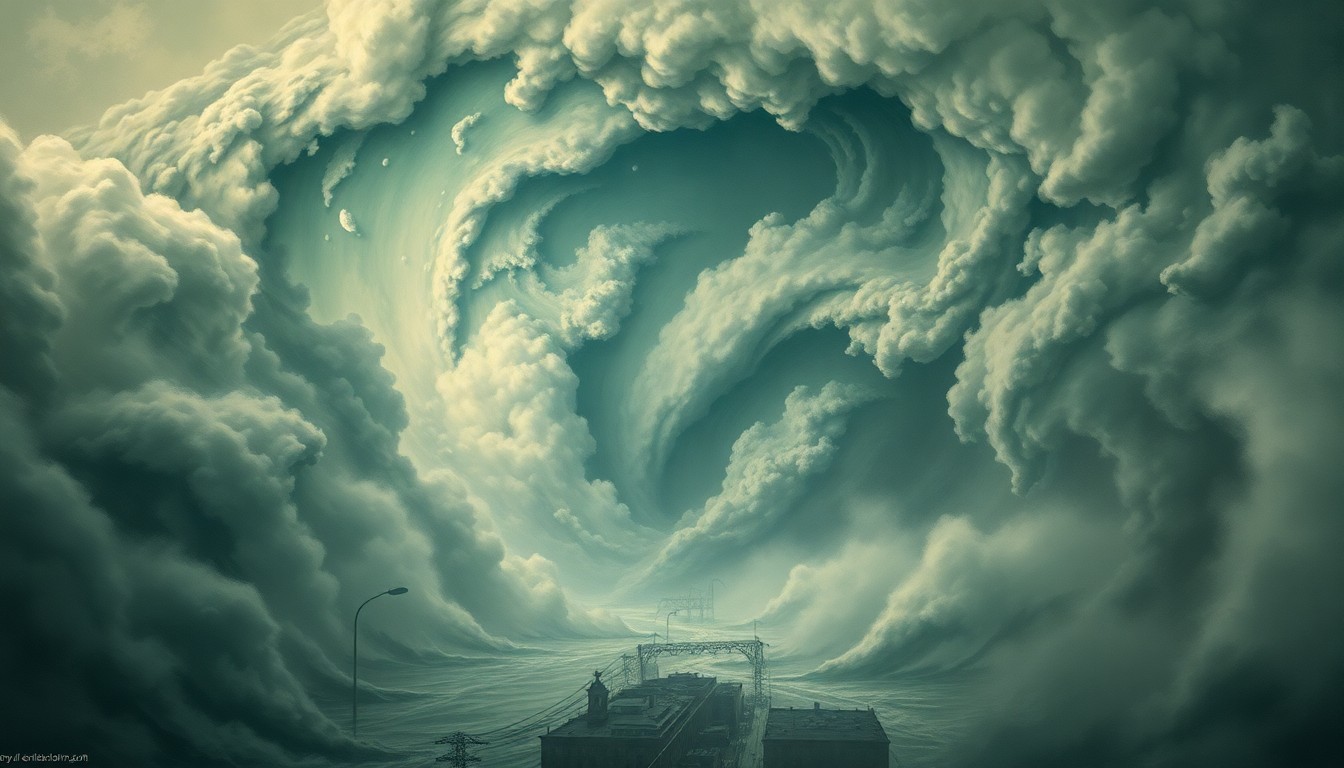 A sweeping, atmospheric landscape painting in muted tones, with a massive, swirling vortex of water and steam obscuring the details of a flooded city street, conveying the overwhelming power of nature and the fragility of human infrastructure.