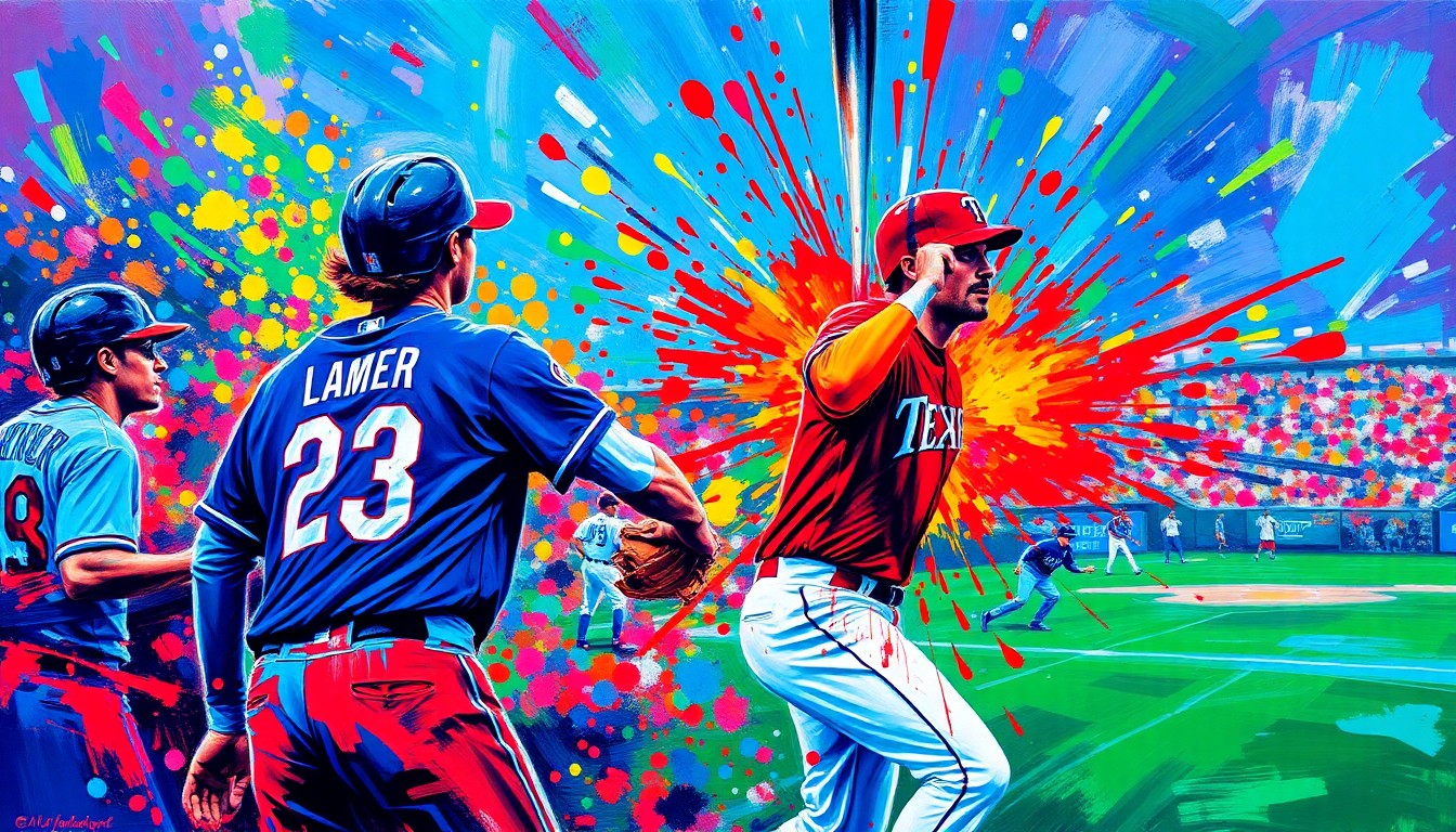 An abstract, expressionist painting in vibrant neon colors, capturing the dynamic energy and movement of a baseball game, with players' figures dissolving into bold, energetic brushstrokes.