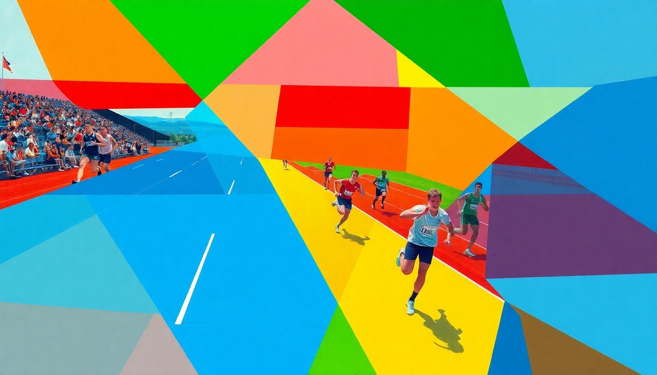 A cubist, geometric painting depicting the chaotic energy and movement of a high school track and field competition, with overlapping planes of bright red, blue, and yellow shapes representing the various events and athletes.