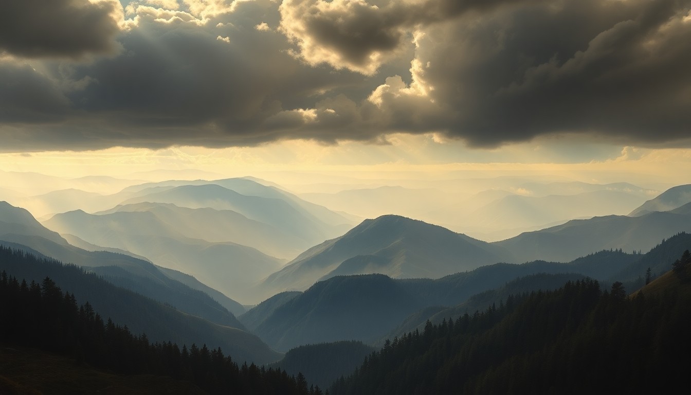 A vast, majestic landscape painting in muted earth tones, with rolling hills and a dense forest canopy dominating the frame. The scene conveys a sense of the overwhelming scale and power of the natural world, capturing the mood and emotional impact of the recent earthquake.