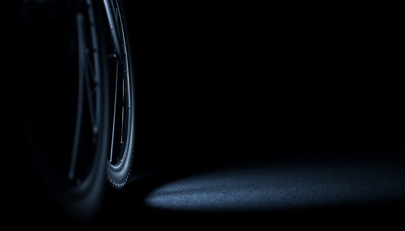 An extreme close-up photograph of a bicycle tire and pedal against a pitch-black background, conveying the stark, gritty aftermath of a collision through dramatic lighting and focus on a single piece of physical evidence.