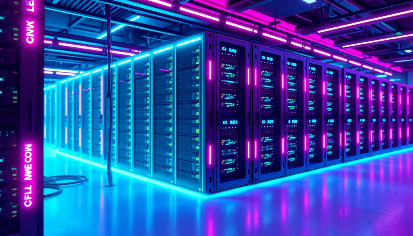 A highly detailed, glowing 3D illustration of a data center server rack, with pulsing neon cyan and magenta lights illuminating the complex digital infrastructure, conceptually representing the tensions between technological progress and environmental stewardship.