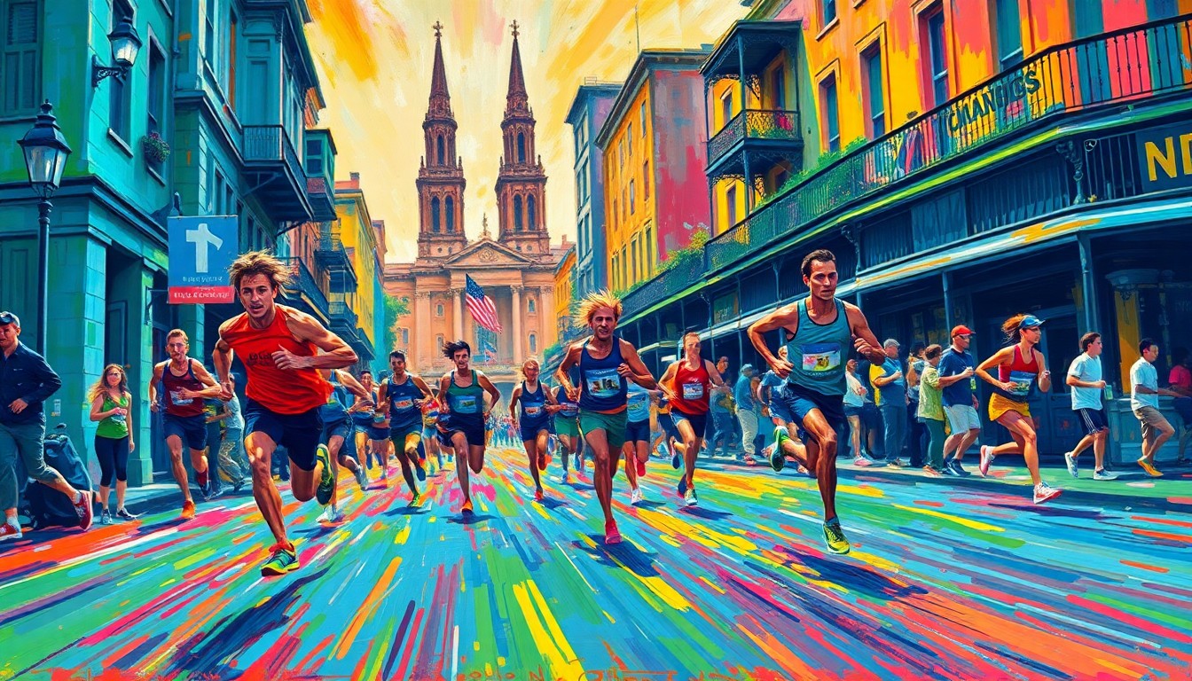 An abstract, energetic painting in vibrant neon colors, depicting runners in motion against a backdrop of the city's architecture, conceptually representing the excitement and spirit of the Crescent City Classic event.
