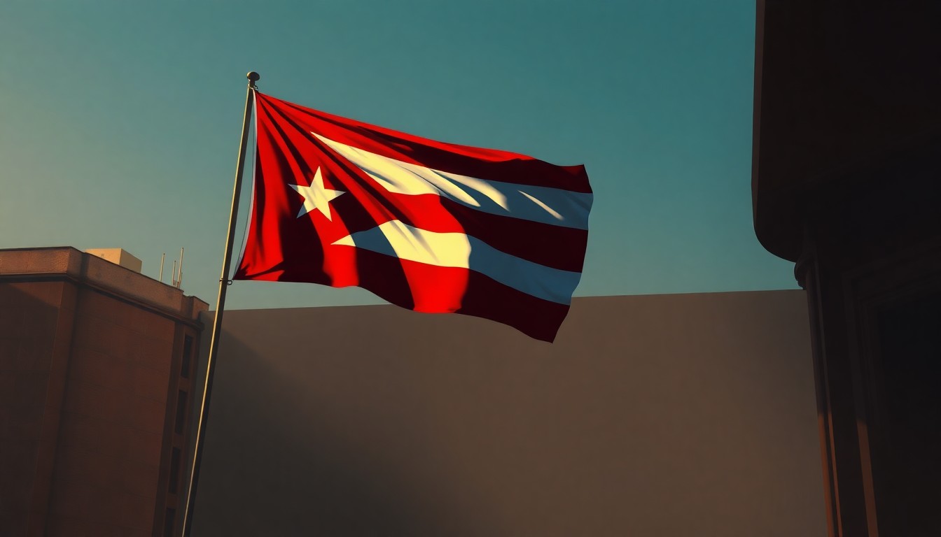 A serene, painterly scene of a Cuban flag waving in the warm, golden sunlight of Havana, with deep shadows cast across the scene, conveying a sense of quiet contemplation and the ongoing tensions between the island nation and the United States.