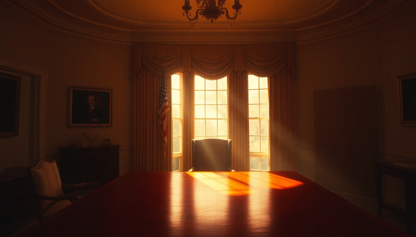 A serene, photorealistic painting of an empty Oval Office desk in warm, golden light, conveying a sense of solemnity and political independence.