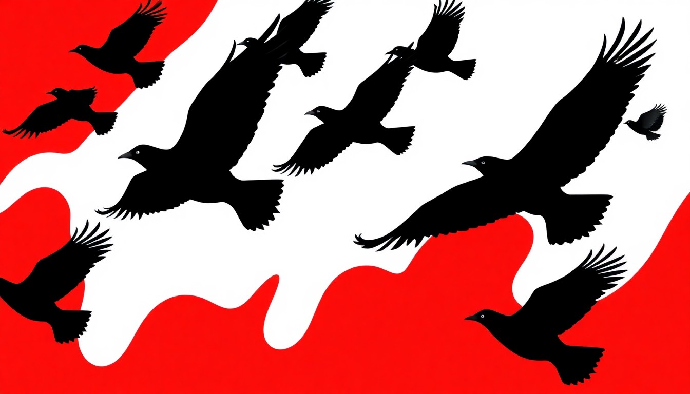 An abstract, minimalist illustration composed of sharp, angular black silhouettes of birds in flight, set against a bold red and white background, conceptually representing the themes and visual style of Kiki Smith's 'FLIGHT' exhibition.