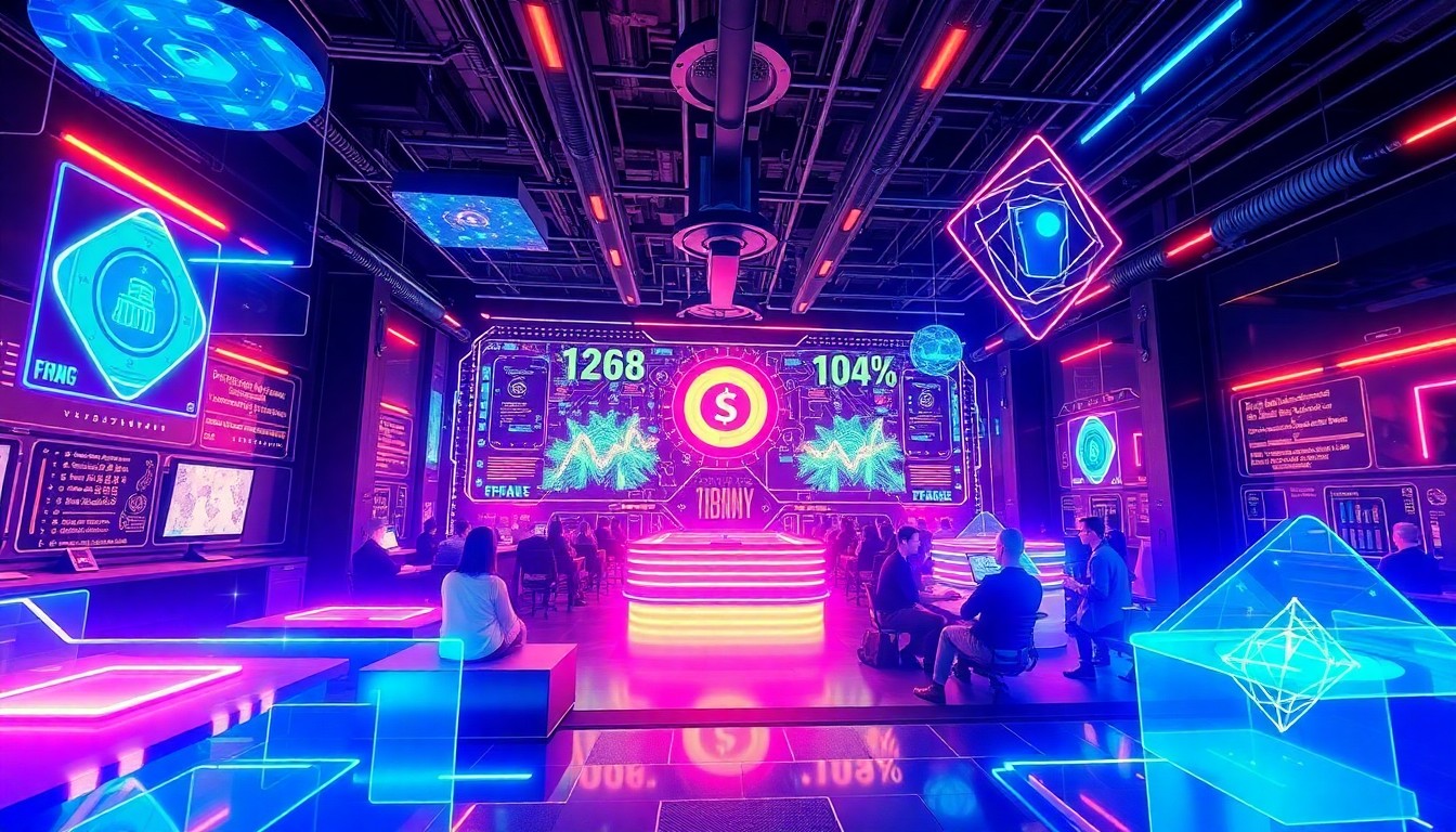A highly detailed, glowing 3D illustration of a futuristic, neon-lit startup accelerator hub, with pulsing data streams, holographic interfaces, and abstract geometric shapes, conceptually representing the convergence of finance, gaming, and technology in the 'Enry's Island Adventures' videogame.