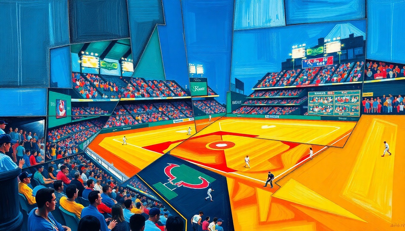 A fragmented, geometric painting depicting the fast-paced action and high emotions of a baseball game, with players and field elements broken down into sharp, overlapping shapes and planes in a vibrant color palette.