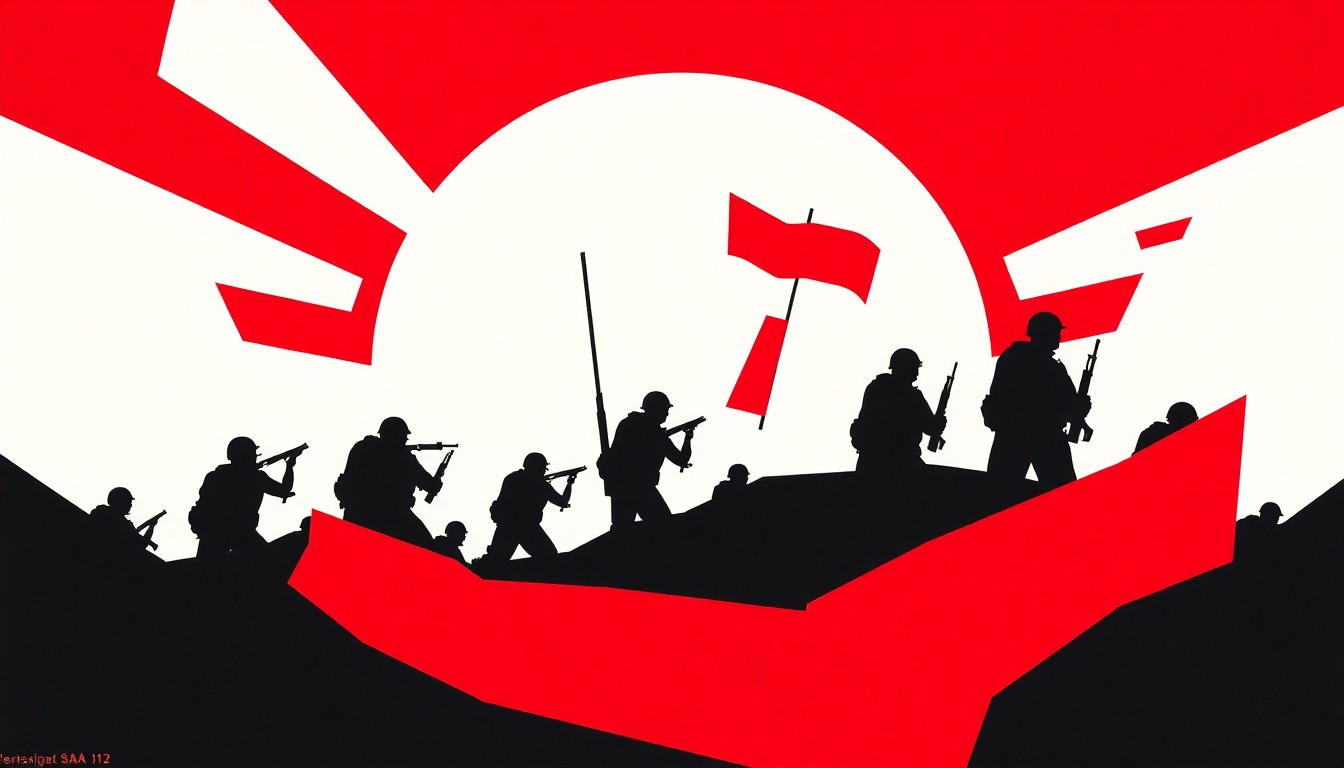 An abstract, minimalist composition of jagged, overlapping geometric shapes in bold red, white, and black, conveying the themes of courage and resistance during a turbulent historical era.