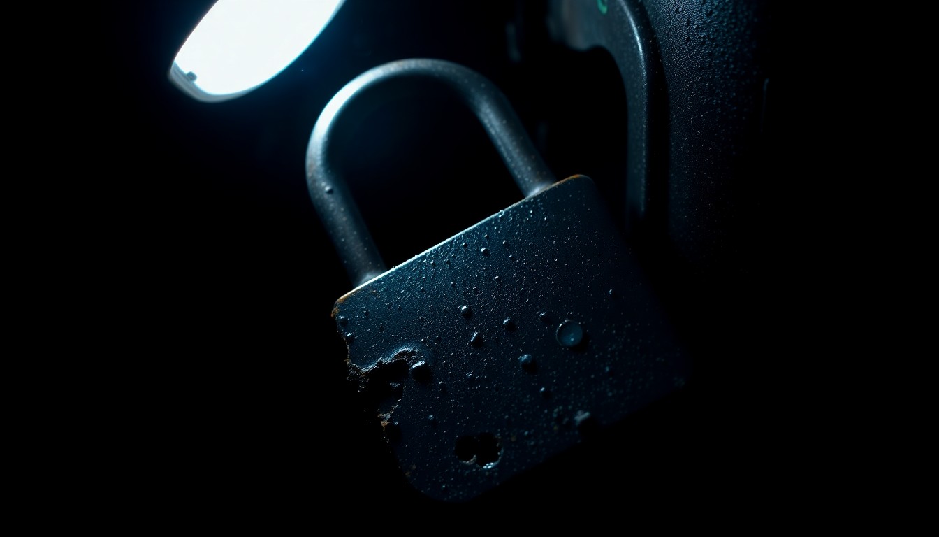 An extreme close-up of a damaged warehouse lock, captured in stark, dramatic lighting to convey the investigative nature of the crime scene.