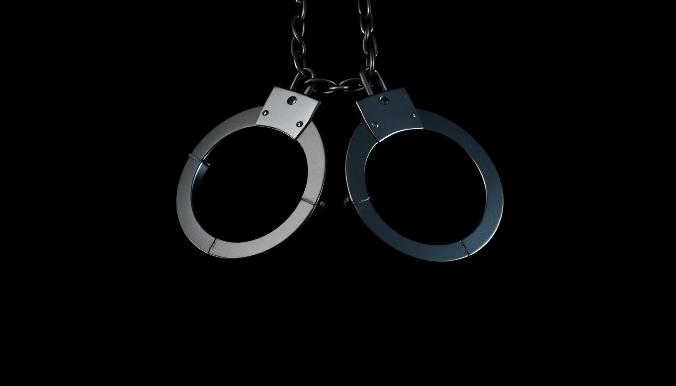 An extreme close-up of a pair of metal handcuffs against a stark black background, conceptually representing the deportation of a criminal undocumented immigrant.