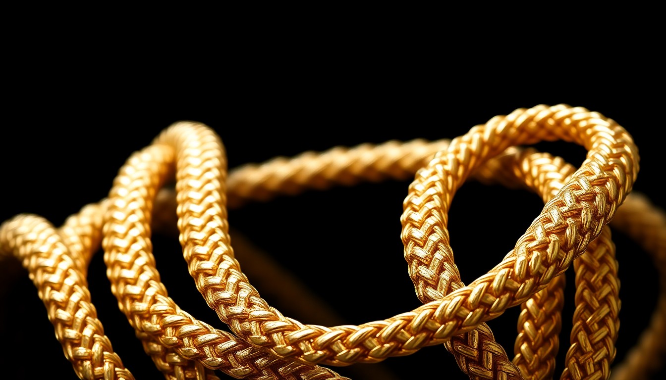 An abstract close-up photograph of coiled, gleaming gold Bvlgari Tubogas jewelry pieces against a dark, high-contrast background, capturing the luxurious texture and craftsmanship of the iconic jewelry collection.