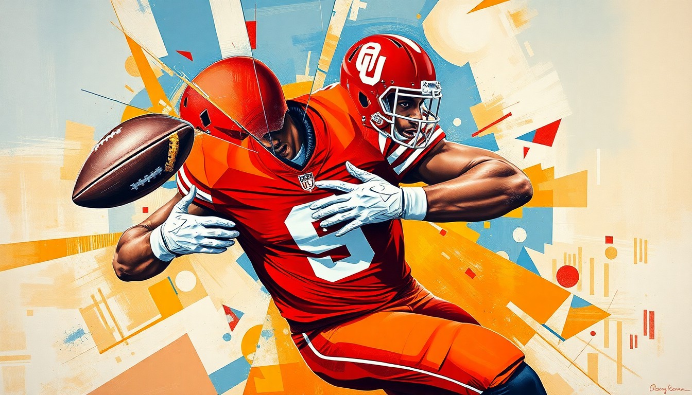 A fragmented, cubist-style painting depicting an Oklahoma football linebacker making a tackle, with the player's body and movement broken down into sharp, overlapping geometric shapes in vibrant shades of orange, crimson, and navy blue.