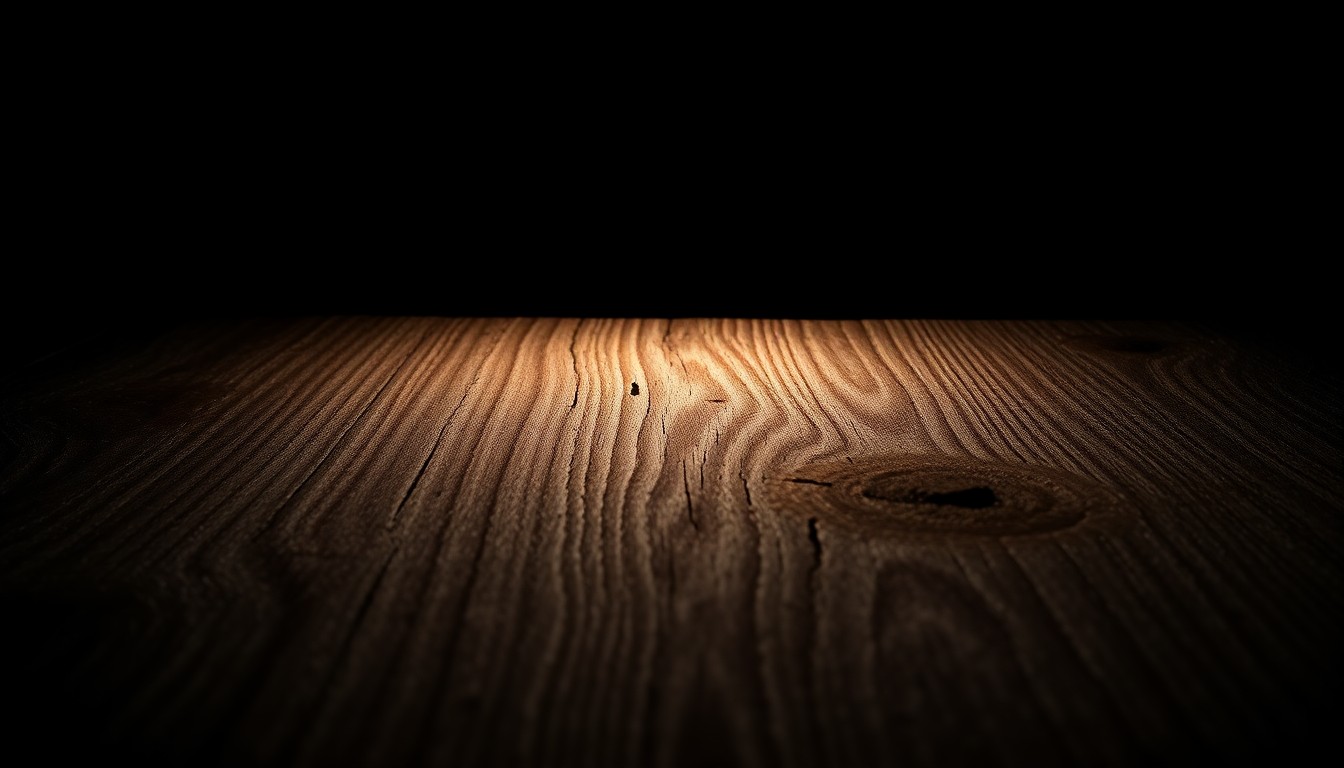 An extreme close-up photograph of a wooden plank with visible grain and texture, lit by a harsh, direct camera flash against a pitch-black background, conceptually representing the weapon used in a violent neighborhood dispute.