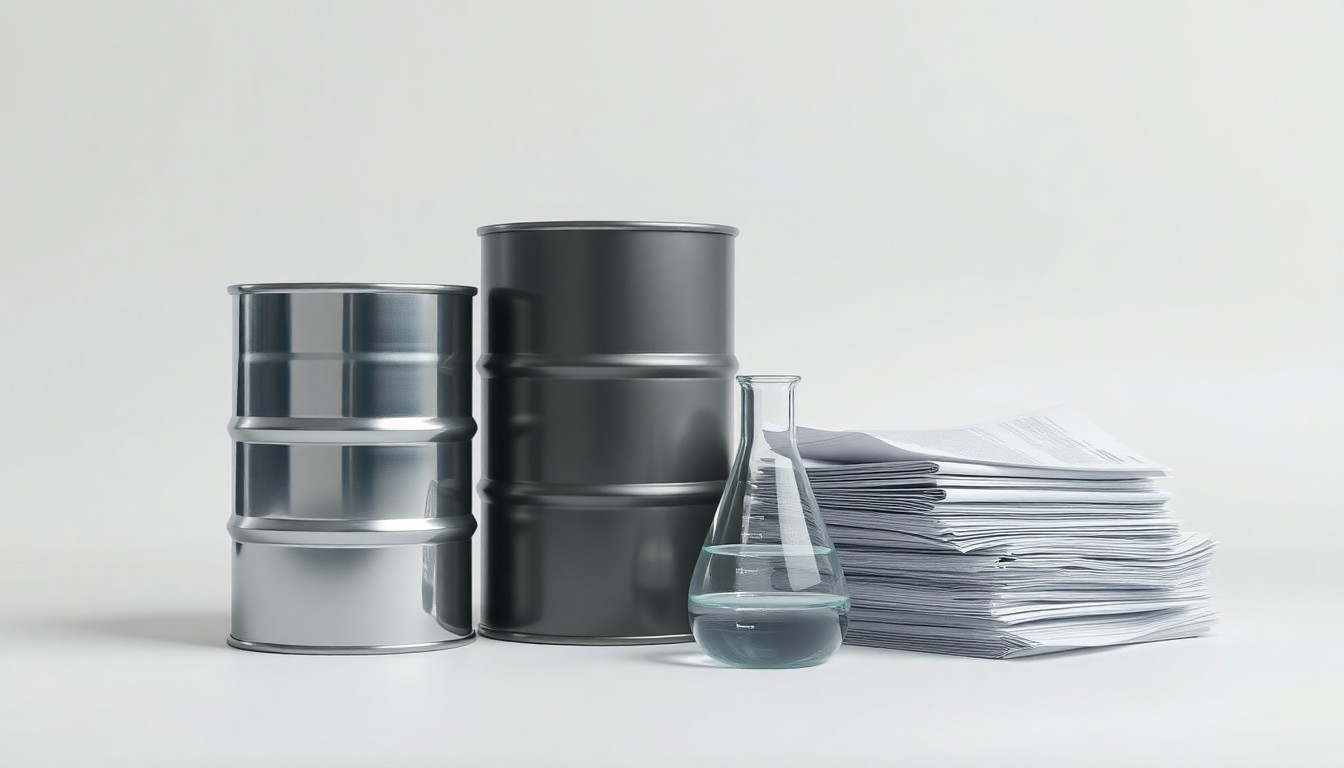 A high-end, photorealistic studio still-life photograph featuring a polished metal oil drum, a cracked glass beaker, and a stack of official-looking documents, all arranged elegantly on a clean, monochromatic background, conceptually representing the abstract corporate issues of environmental compliance, regulatory enforcement, and the financial impacts of environmental violations.