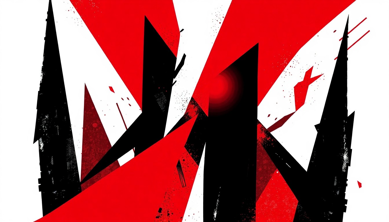 An abstract, minimalist illustration featuring bold, angular shapes in deep red, black, and white, capturing the rhythmic energy and cultural importance of bachata music without using any text or literal imagery.