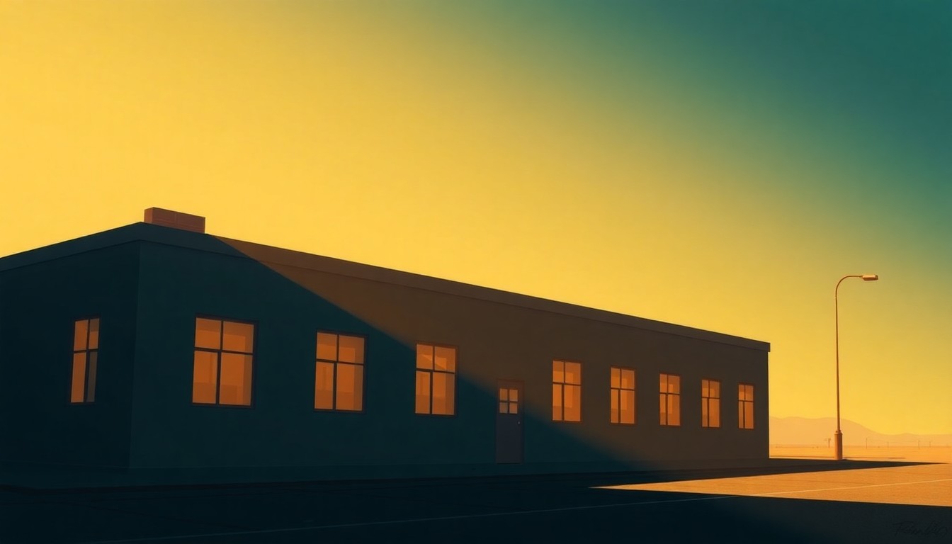 A photorealistic painting of a government office building in warm, golden light, with deep shadows and a sense of solitude, conceptually representing the serious tone of the investigation into the Attorney General's office.