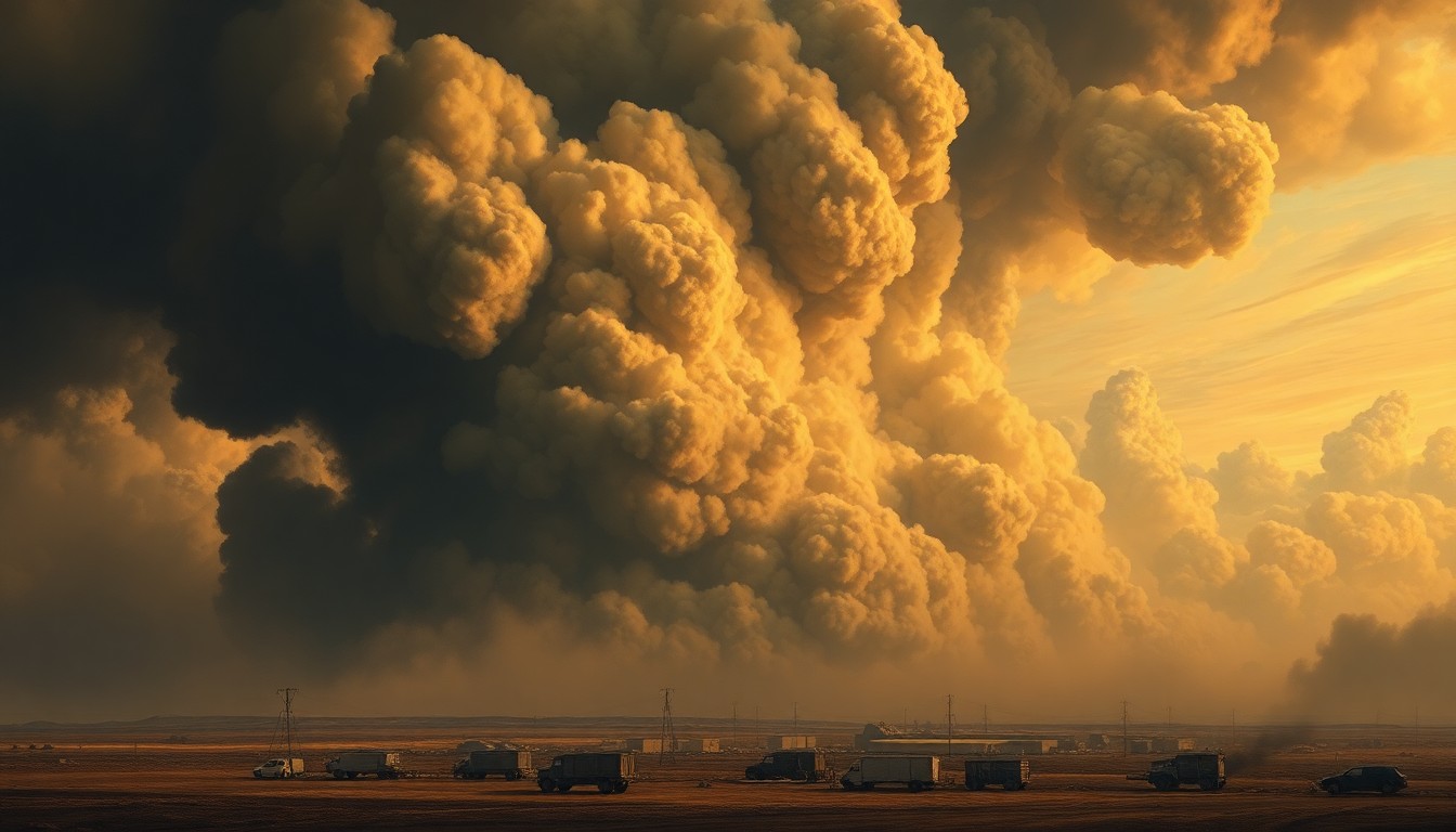 A vast, atmospheric landscape painting in muted tones of gray and blue, with a towering plume of thick, billowing smoke rising from the distant horizon and obscuring the landscape, conveying the overwhelming scale and power of the natural disaster unfolding.