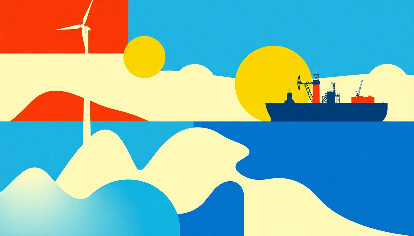 A minimalist illustration using bold geometric shapes and primary colors to conceptually represent the transition from costly offshore wind to more affordable American oil, natural gas, and LNG projects.